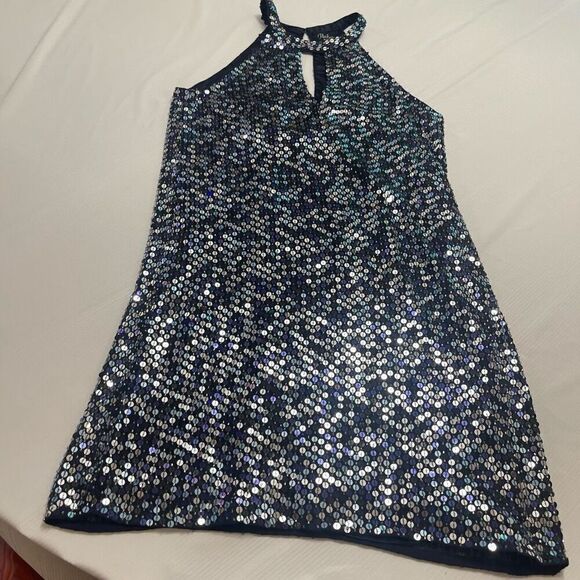 PARKER Sequin Beaded Aquarius Blue Keyhole Halter Cocktail Dress Evening Size 4 - Picture 5 of 14